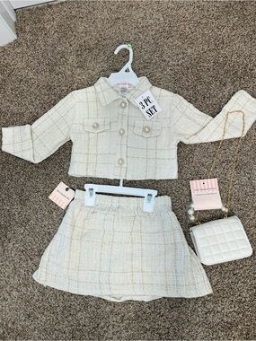 Love Squared Cream Tweed Skirt Set with Quilted Purse